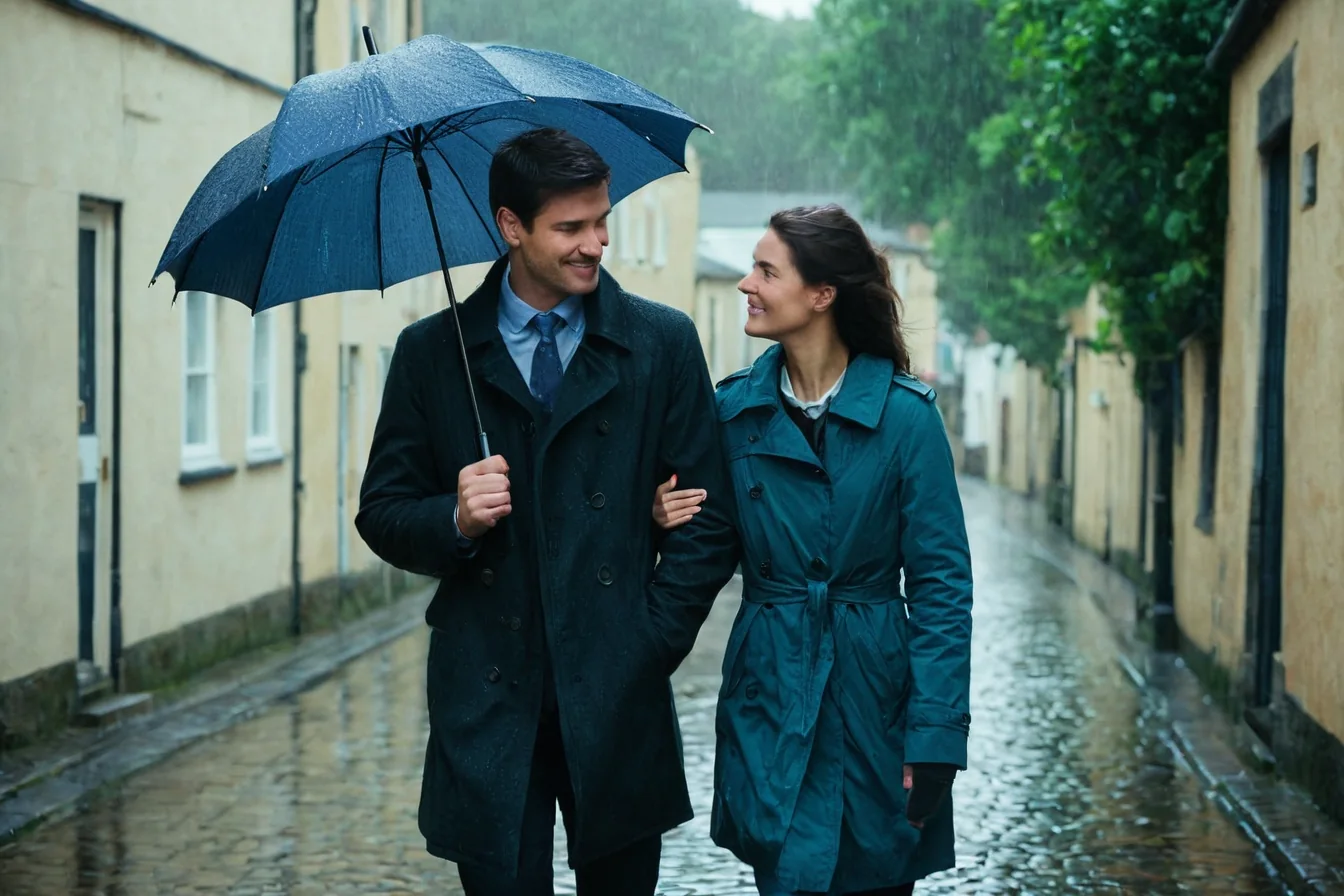 A man and woman smile while walking under an umbrella on a rainy cobblestone street.