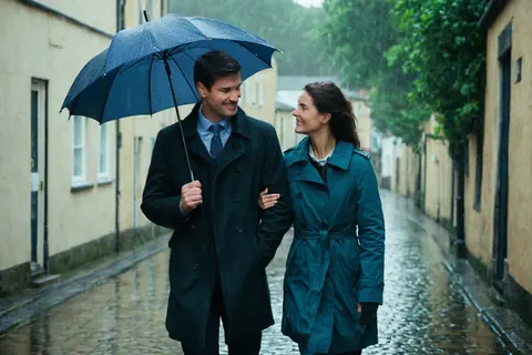 A man and woman smile while walking under an umbrella on a rainy cobblestone street.