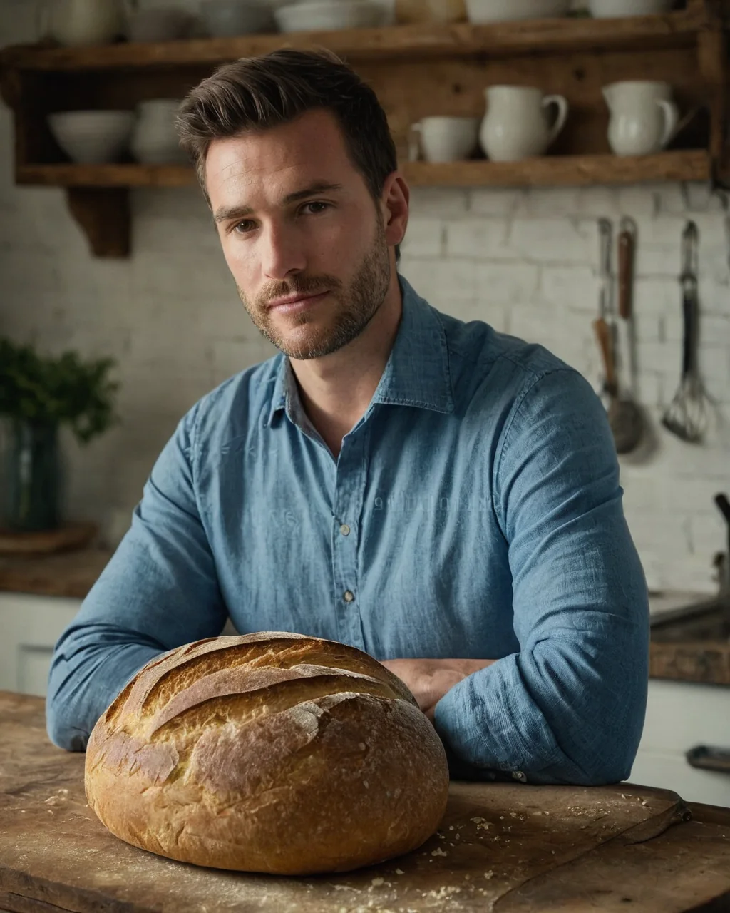 A man in a blue shirt sits in a kitchen with a loaf of bread on a wooden table.