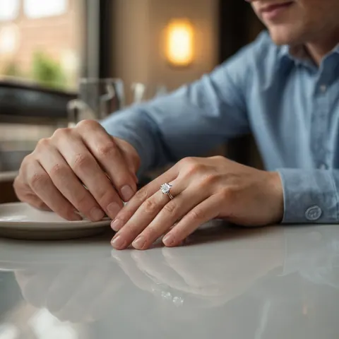 A man's hand with an engagement ring on a reflective table surface