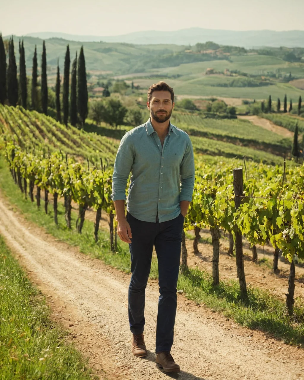 A man walking on a dirt path through a vineyard with hills and cypress trees behind him.