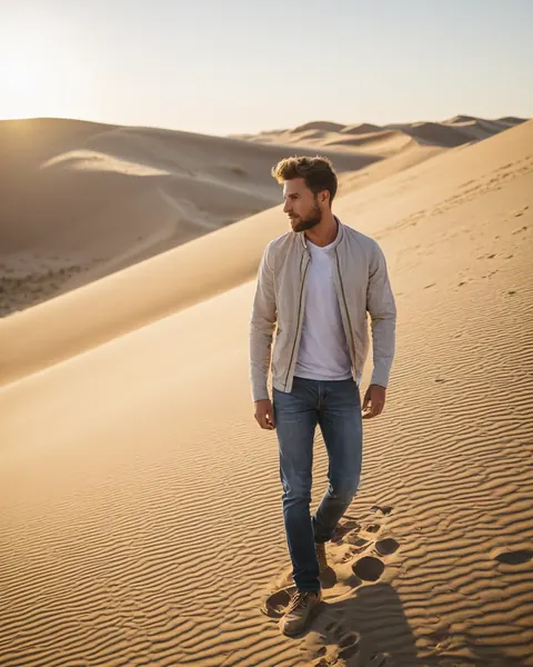 A man walking through a desert at sunset leaving footprints in the sand