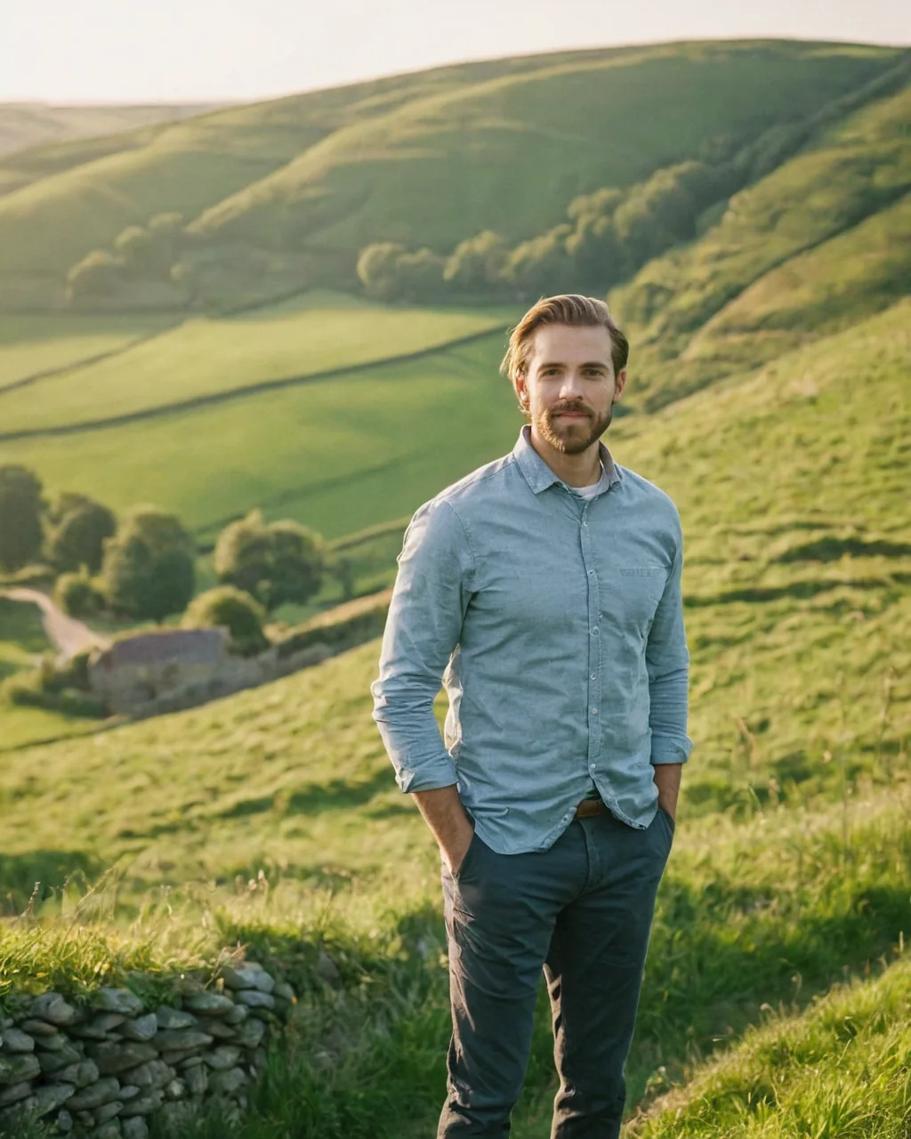 A man with a beard stands in a green field with rolling hills and stone walls behind him.