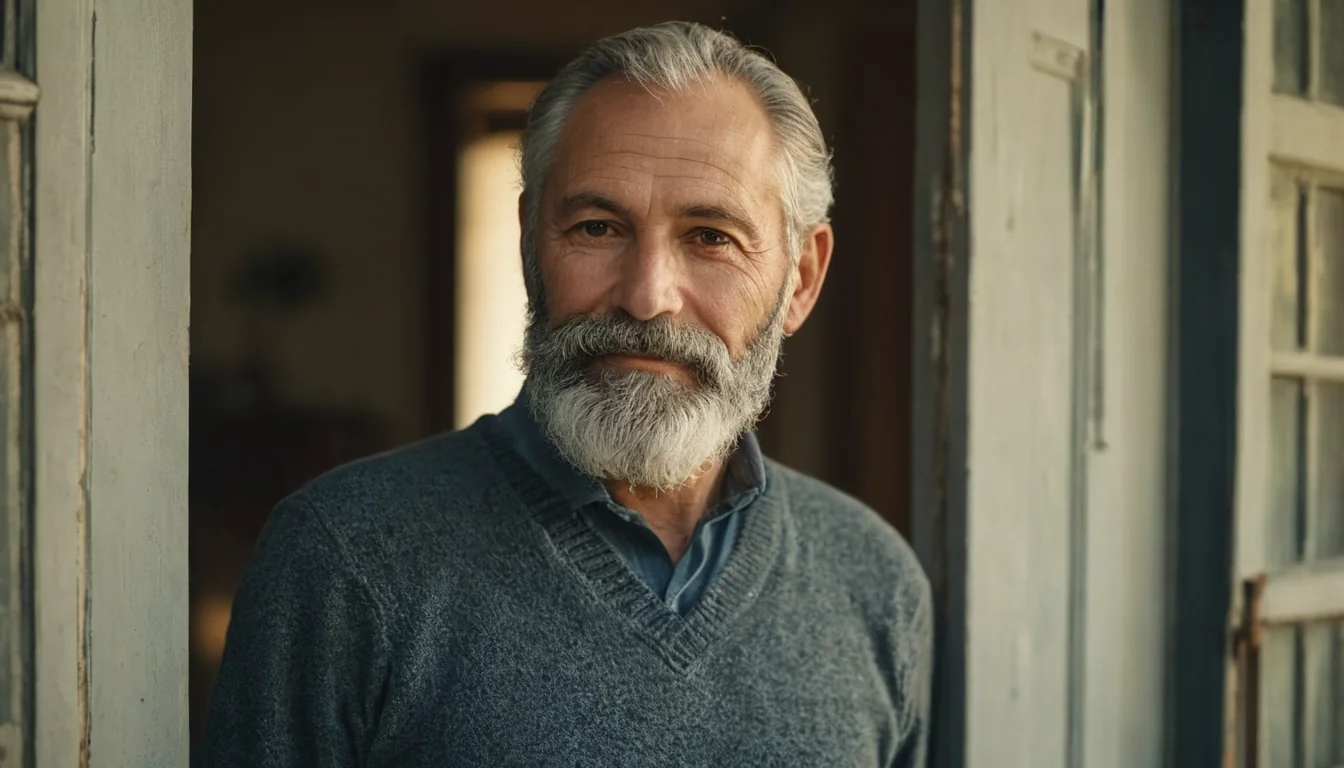 A mature man with a gray beard wearing a blue sweater stands in a doorway.