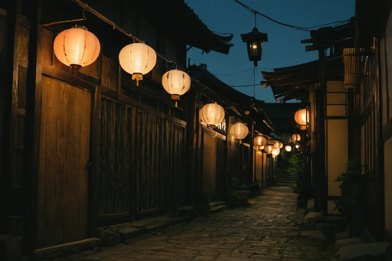 A narrow stone alleyway at night lit by glowing paper lanterns between wooden buildings.