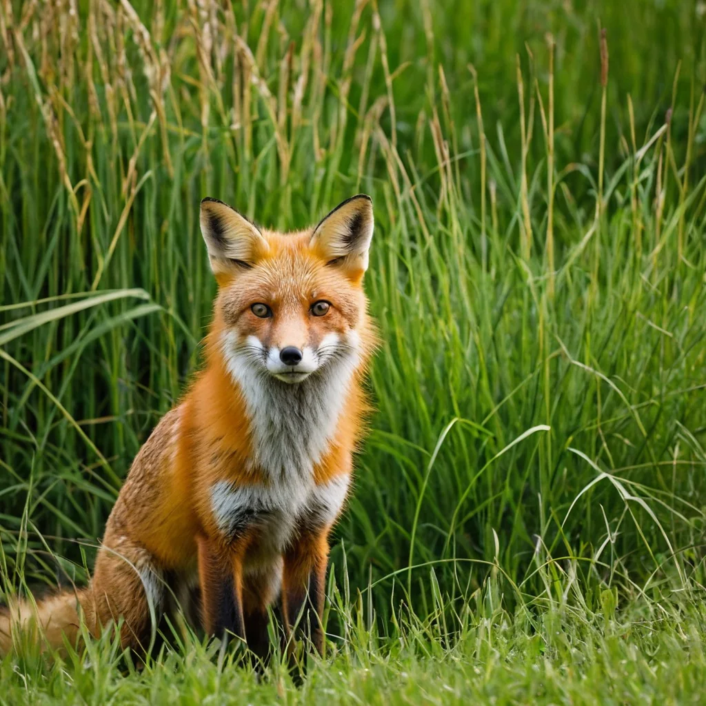 A red fox sitting in tall green grass looking directly at the camera.