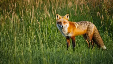 A red fox standing in tall green grass during golden hour sunlight.