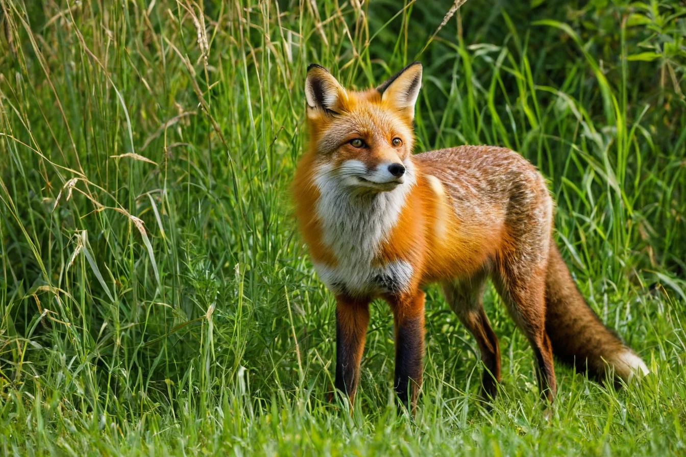 A red fox standing in tall green grass looking alert