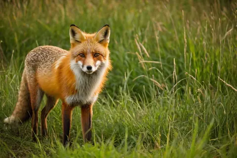 A red fox standing in tall green grass looking at the camera