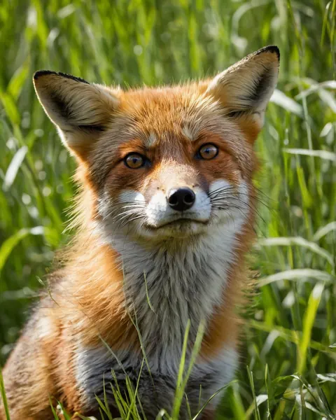 A red fox with alert ears and amber eyes sits in green grass under bright sunlight.