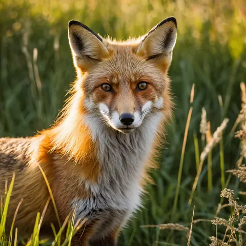 A red fox with alert ears and golden eyes stares directly at the camera from a sunlit grassy field.