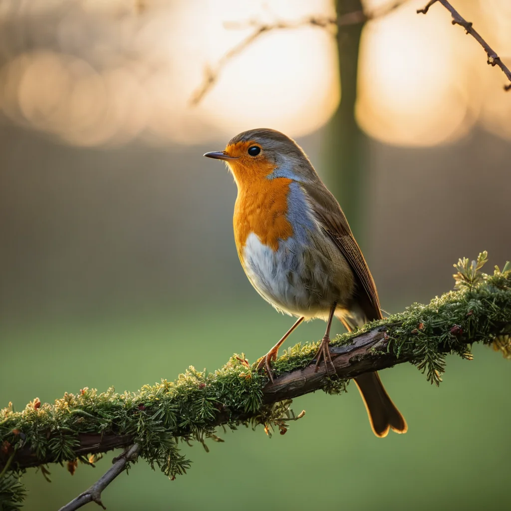 A robin perched on a mossy branch in a sunlit forest with a blurred background.