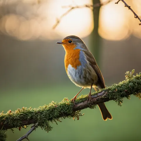 A robin perched on a mossy branch in a sunlit forest with a blurred background.