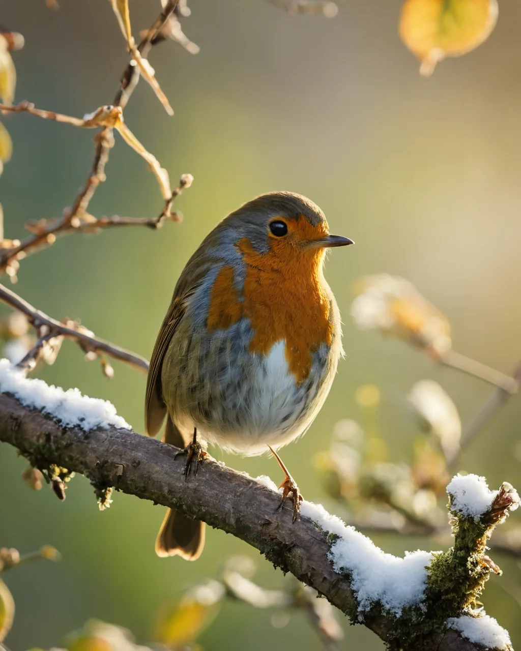 A robin with orange breast and grey back perches on a snow covered branch in winter sunlight.