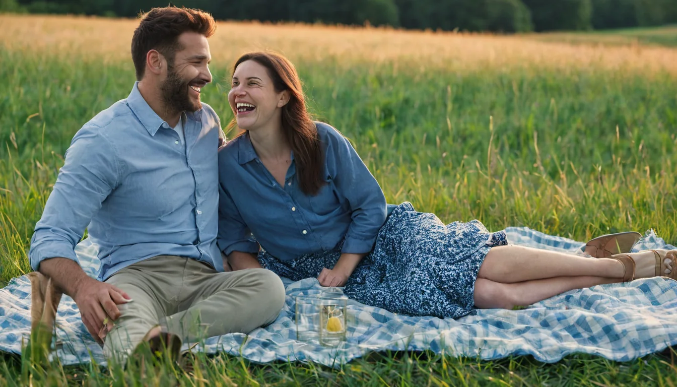 A smiling couple enjoying a picnic in a grassy field at sunset.