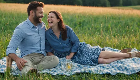 A smiling couple enjoying a picnic in a grassy field at sunset.