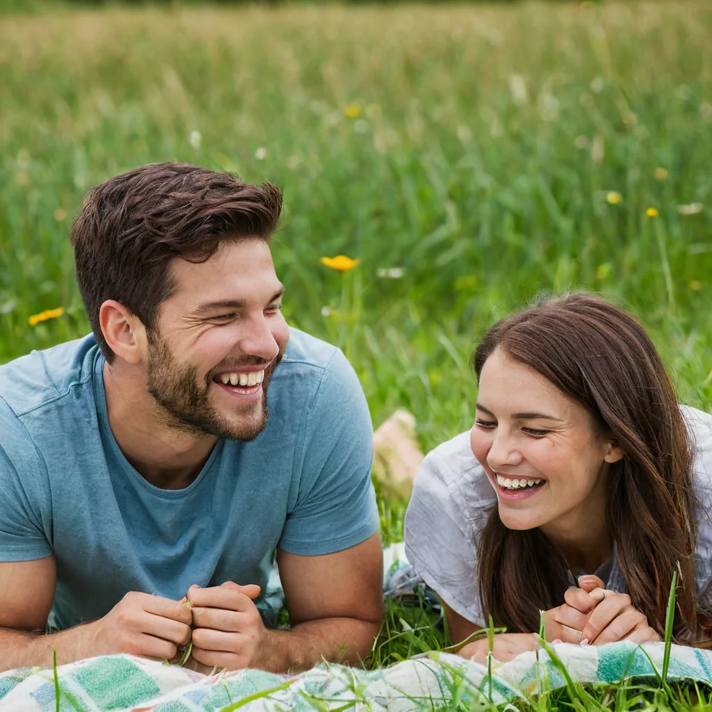 A smiling couple lying on a blanket in a grassy field with wildflowers.