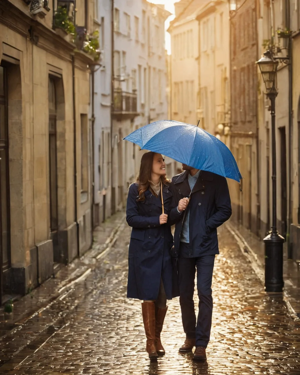 A smiling couple shares a bright blue umbrella as they stroll through a sunlit cobblestone alleyway between historic stone buildings.