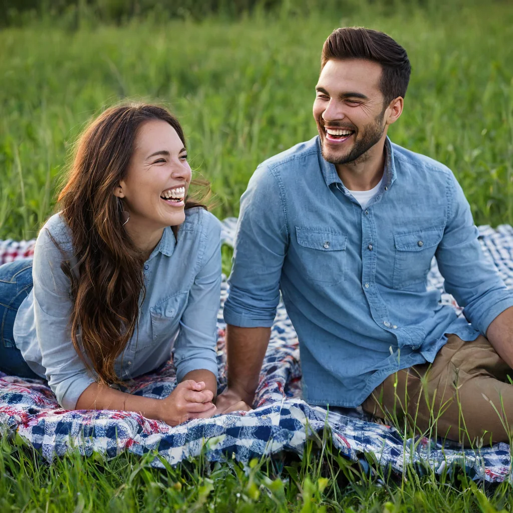 A smiling couple sitting on a plaid blanket in a grassy field