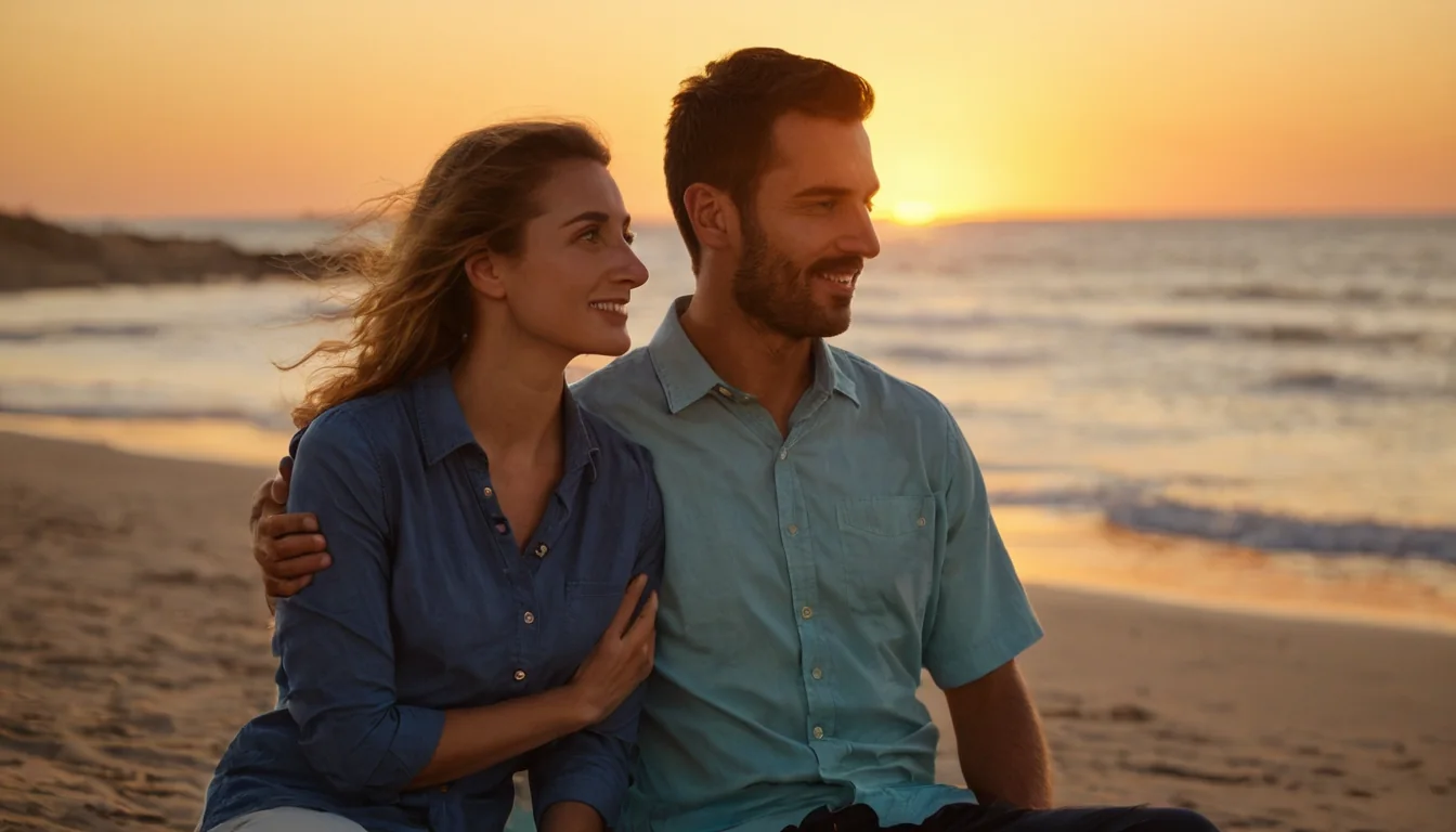 A smiling couple sitting together on a beach at sunset with ocean waves behind them.