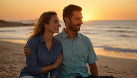 A smiling couple sitting together on a beach at sunset with ocean waves behind them.