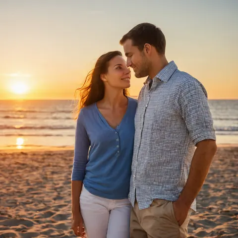 A smiling couple standing close on a beach at sunset with ocean in background