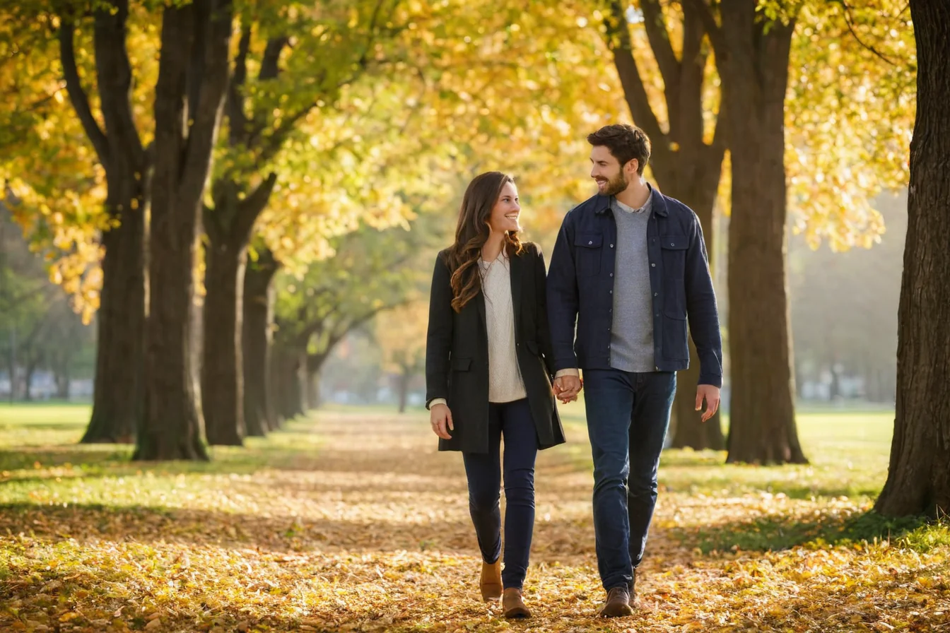 A smiling couple walks hand in hand down a sunlit autumn path lined with golden trees and fallen leaves.