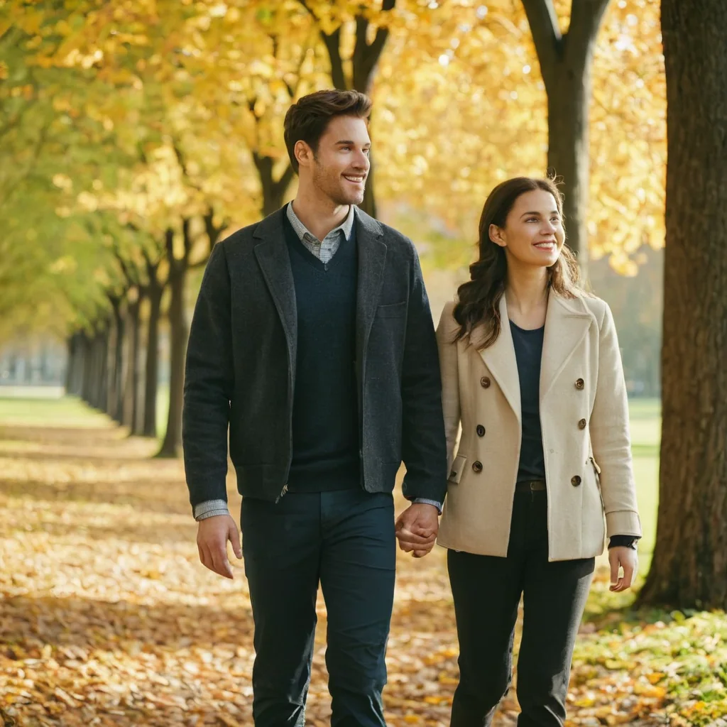A smiling couple walks hand in hand down a tree-lined autumn path covered in golden leaves.