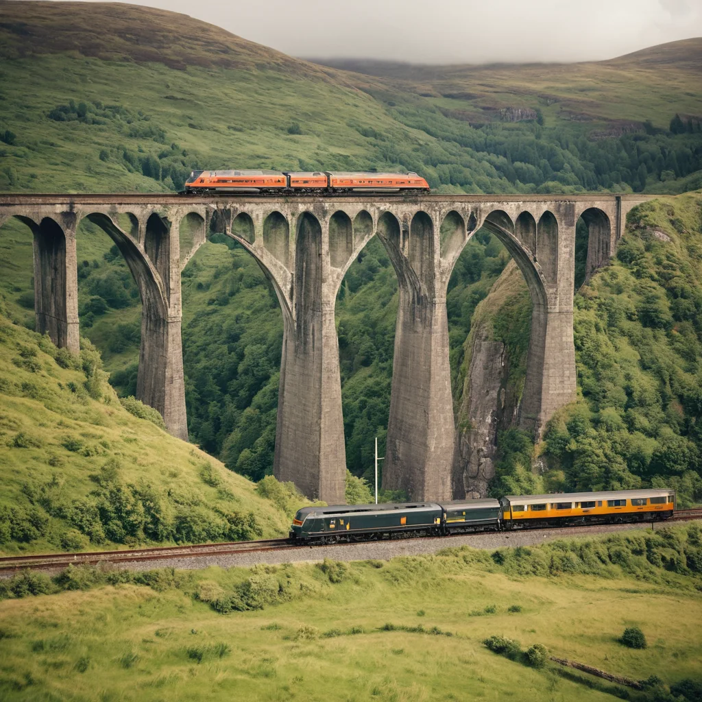 A train crosses a stone viaduct over a green valley with hills and mist