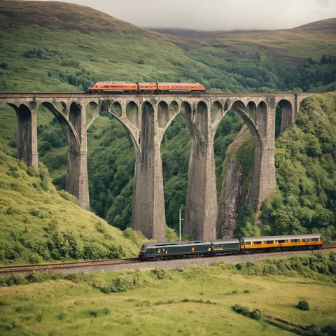 A train crosses a stone viaduct over a green valley with hills and mist
