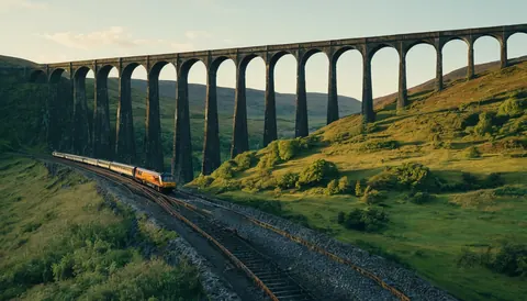 A train crosses a stone viaduct over green hills during sunset
