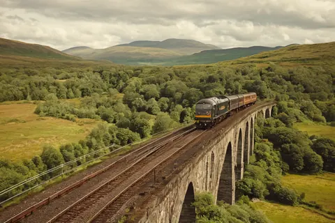 A train on a stone bridge over a green valley with rolling hills and trees