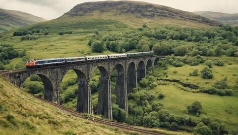 A train on a stone viaduct crossing green hills under cloudy skies