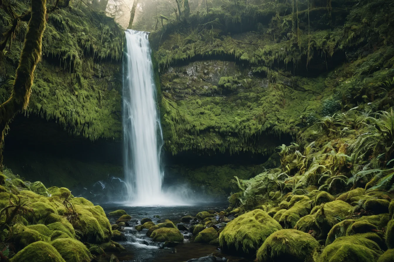 A waterfall flows over mossy rocks in a dense green forest with sunlight filtering through trees.