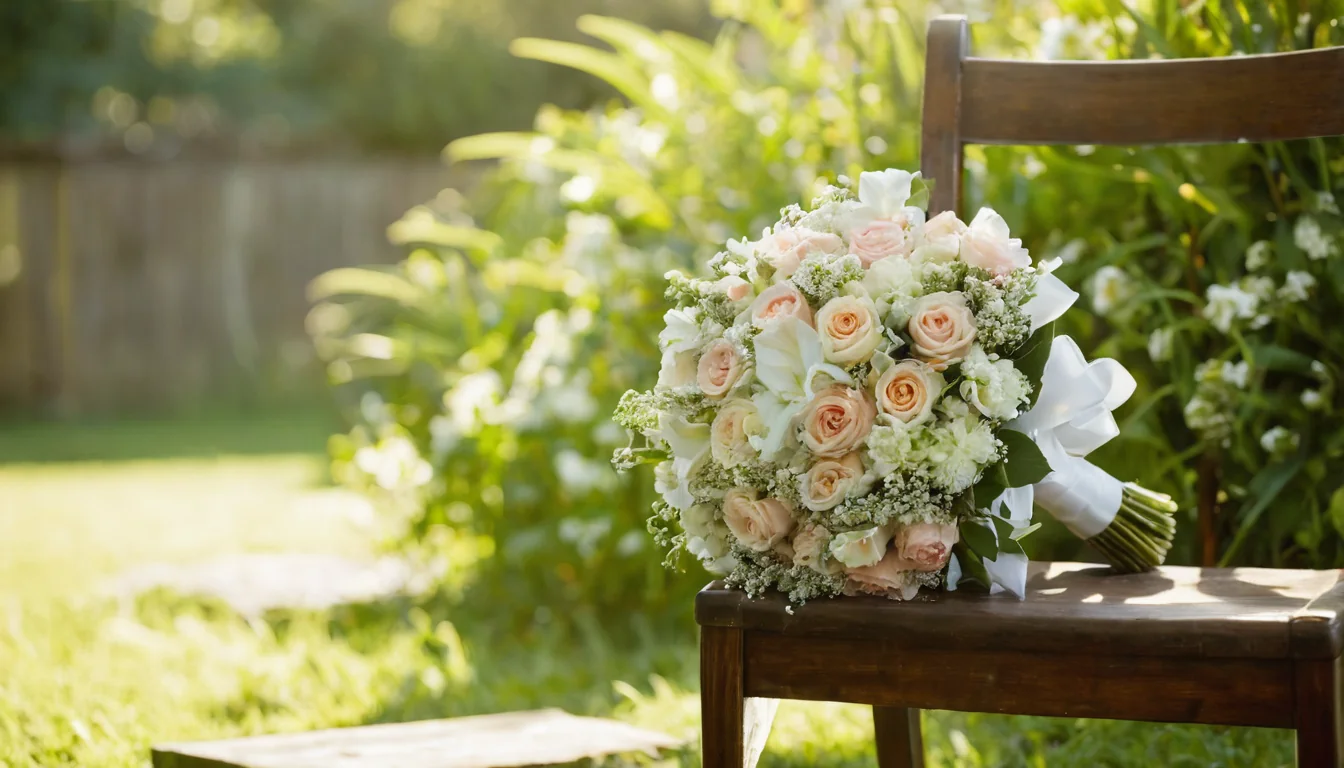 A wedding bouquet of peach roses and white lilies on a wooden chair in a sunny garden.