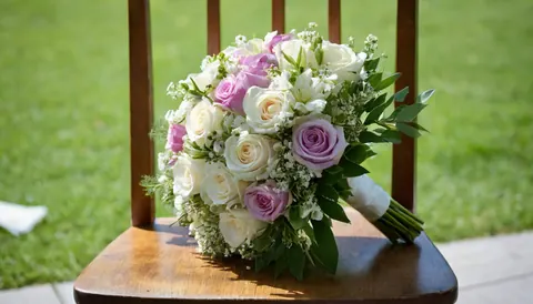 A wedding bouquet of white and lavender roses on a wooden chair in a grassy outdoor setting.