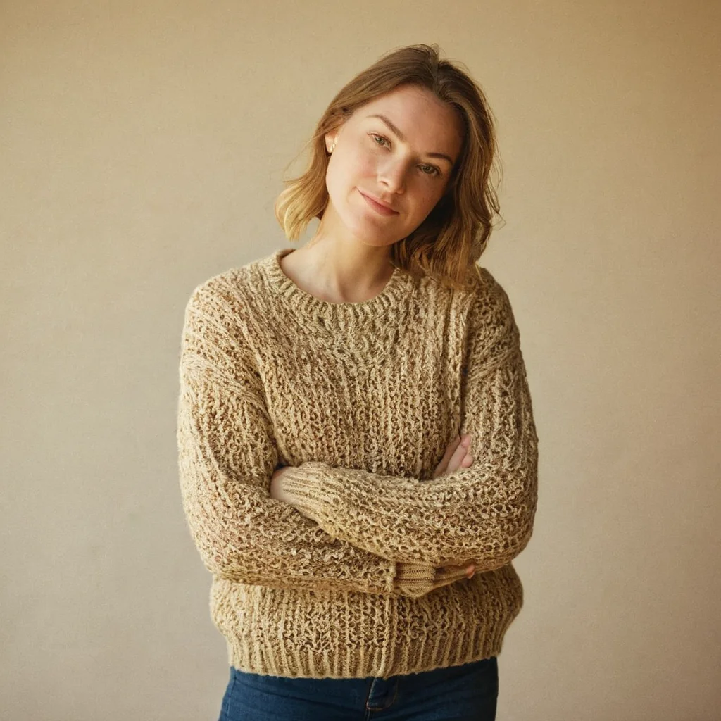 A woman in a beige knit sweater and blue jeans stands with arms crossed against a beige wall.