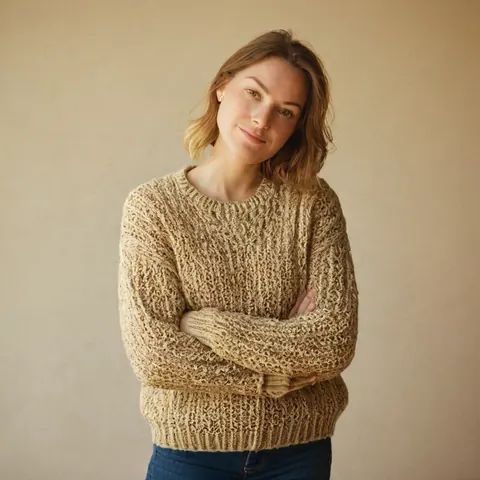 A woman in a beige knit sweater and blue jeans stands with arms crossed against a beige wall.