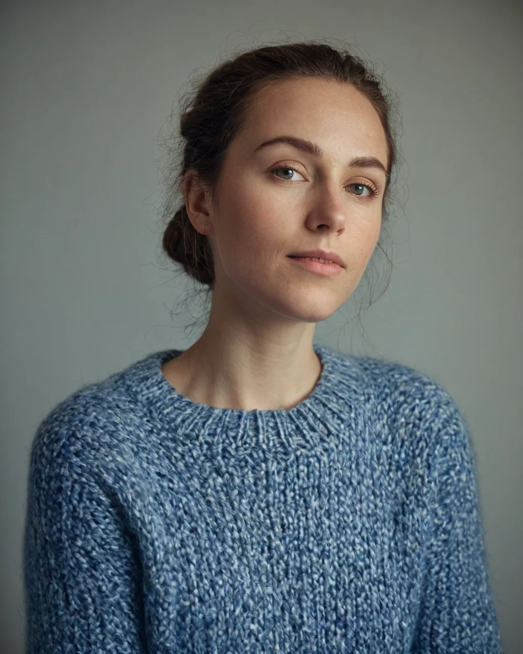A woman in a blue knit sweater with her hair in a loose bun against a gray background.