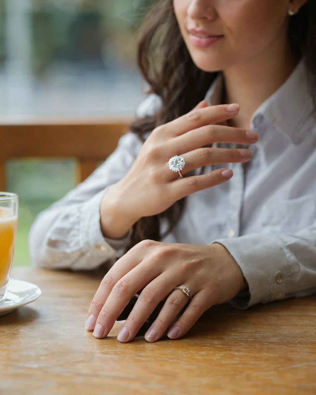 A woman showing off her engagement ring at a cafe table with orange juice