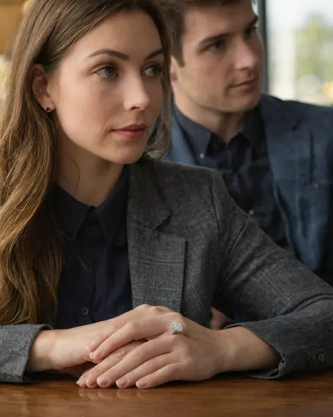 A woman wearing a grey blazer and diamond ring sits at a wooden table with a man in a blue shirt behind her.