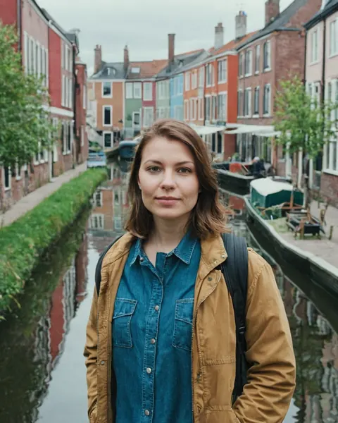 A woman wearing a tan jacket and denim shirt stands on a canal bridge with colorful buildings reflected in the water.