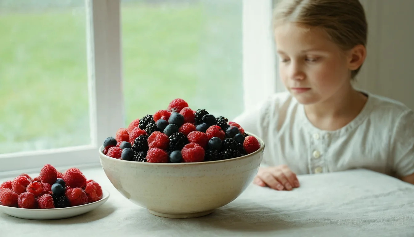 A young woman looks at bowls of fresh raspberries and blackberries on a table by a window.