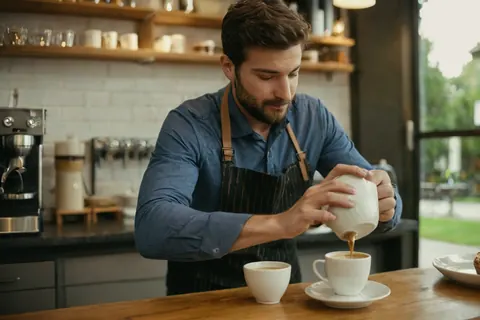 Barista pouring milk into coffee cup at cafe counter