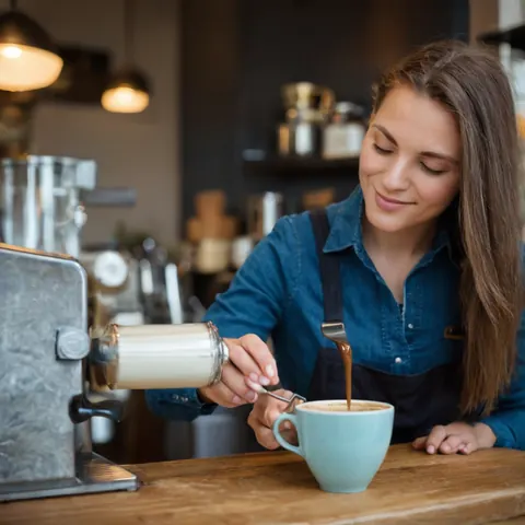 Barista pouring milk into espresso cup with smile in cafe