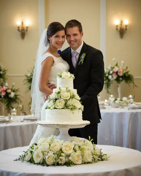Bride and groom smiling behind a white wedding cake with roses