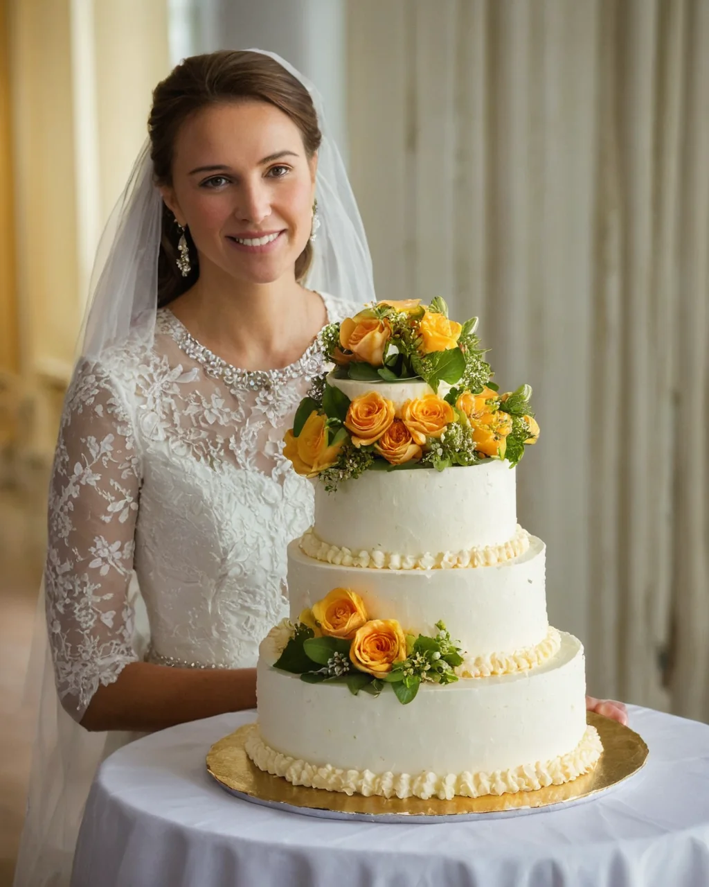 Bride in white lace gown and veil smiling beside a tiered wedding cake with yellow roses.