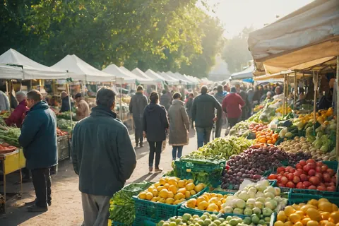 Busy outdoor market with people shopping for fresh fruits and vegetables under white tents on a sunny day.