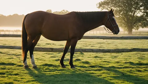 Chestnut horse with white socks standing in grassy field at dawn behind wooden fence