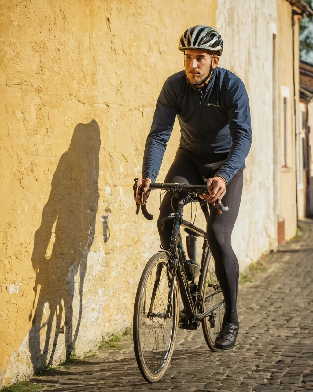 Cyclist riding a road bike on a cobblestone street with a yellow wall casting a shadow.